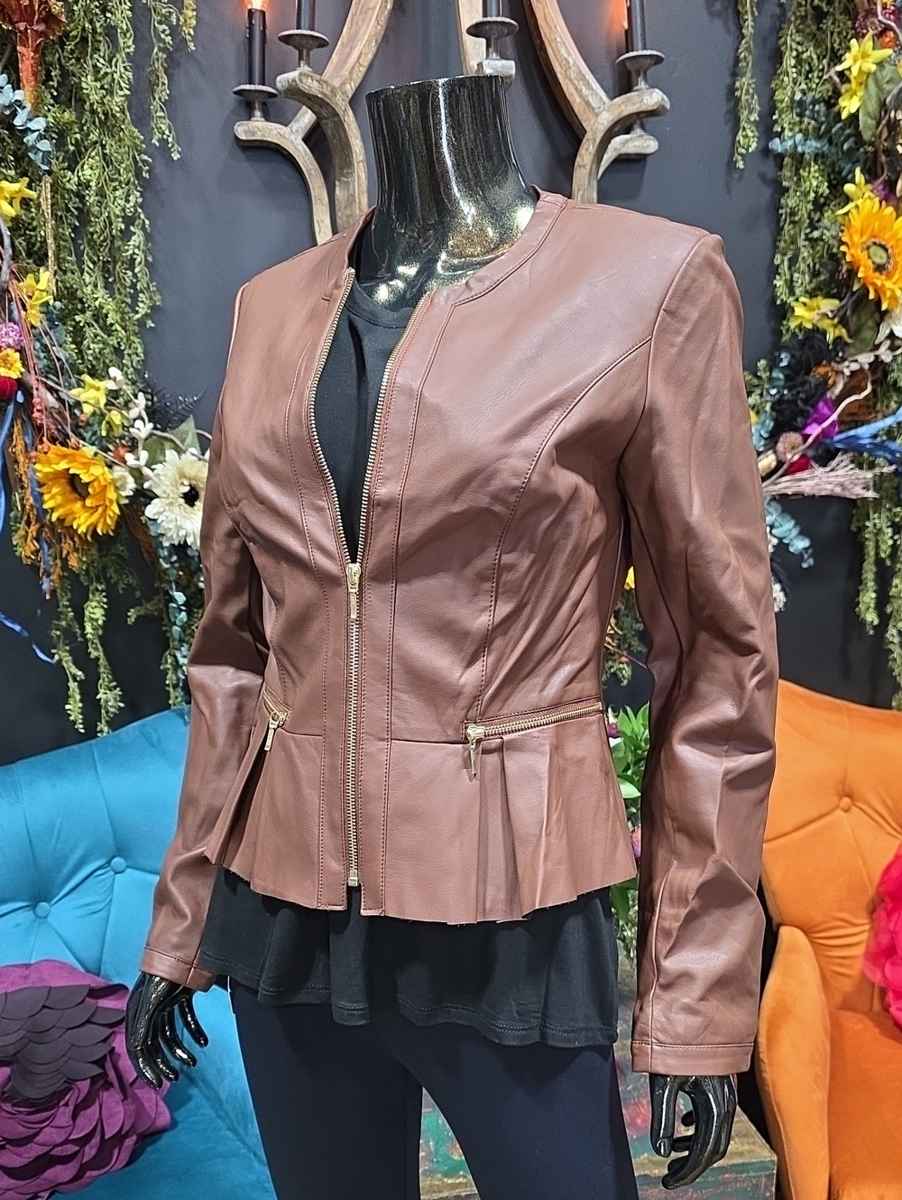 INC International Concepts Brown Faux Leather Peplum Jacket with Gold Zippers